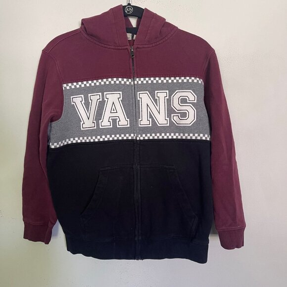 VANS Boys Sweatshirt Medium Red Black Hoodie Colorblock Logo Full Zip T5 - Picture 1 of 8
